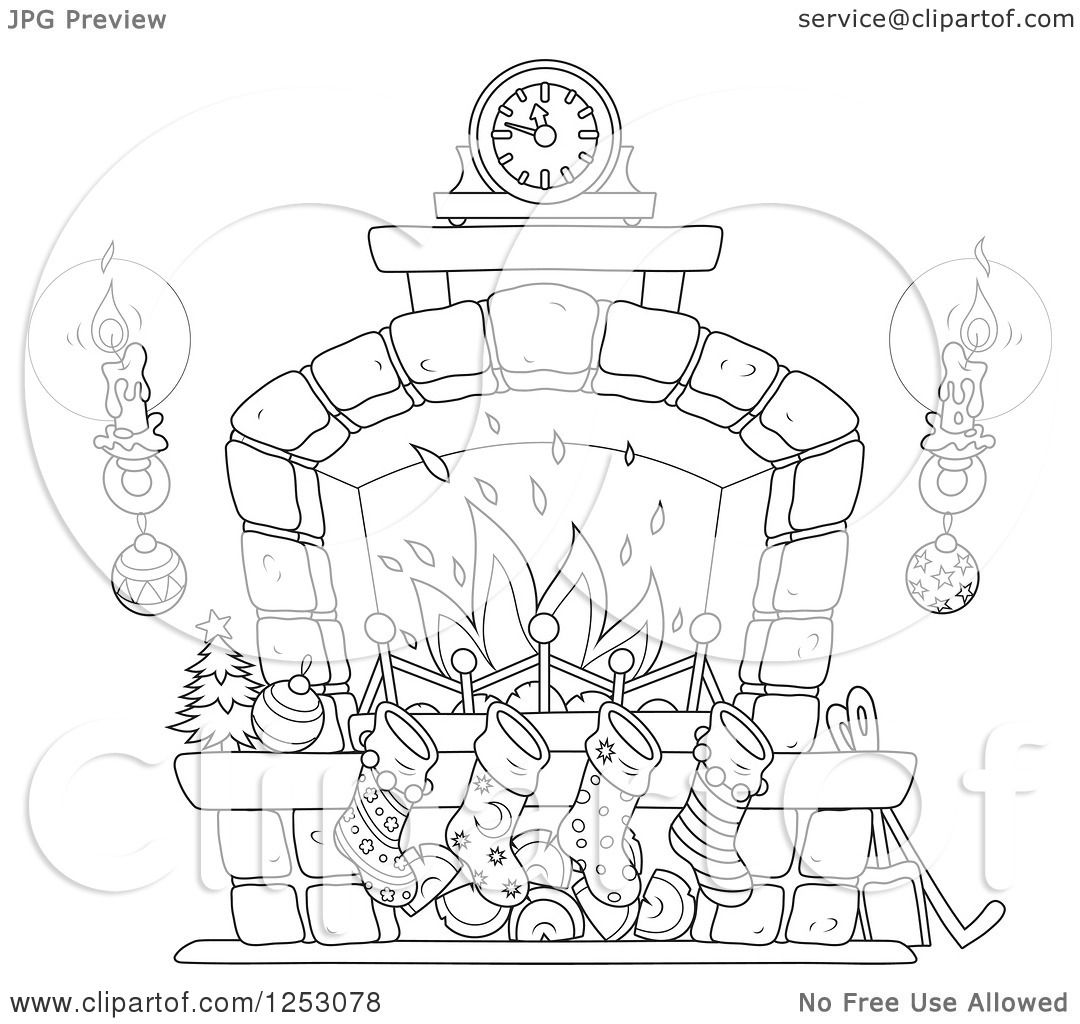 1080x1024 Clipart Of A Black White Christmas Fireplace With Candles