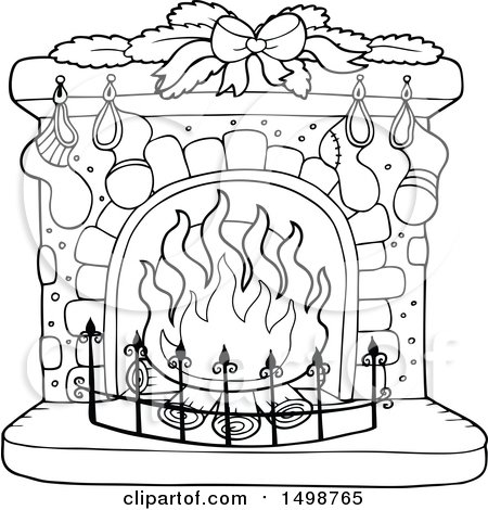 450x470 Clipart Of A Black And White Fireplace With Christmas Stockings
