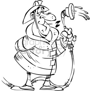 300x300 Royalty Free Black White Cartoon Firefighter With Water Hose