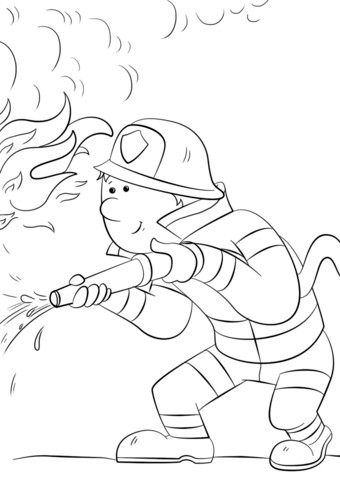 340x480 Cartoon Firefighter Sprays A Fire Hose Coloring Page Free