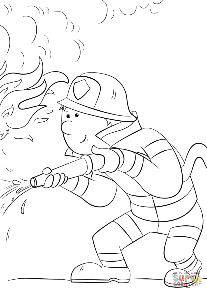 849x1200 Cartoon Firefighter Sprays A Fire Hose Coloring Page Free