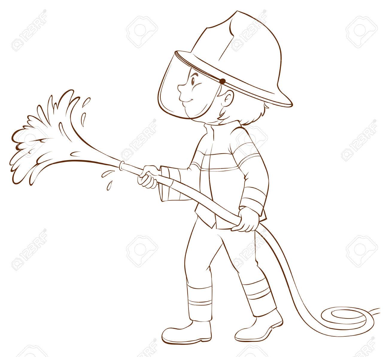 1300x1195 Illustration Of A Plain Sketch Of A Fireman Holding A Hose