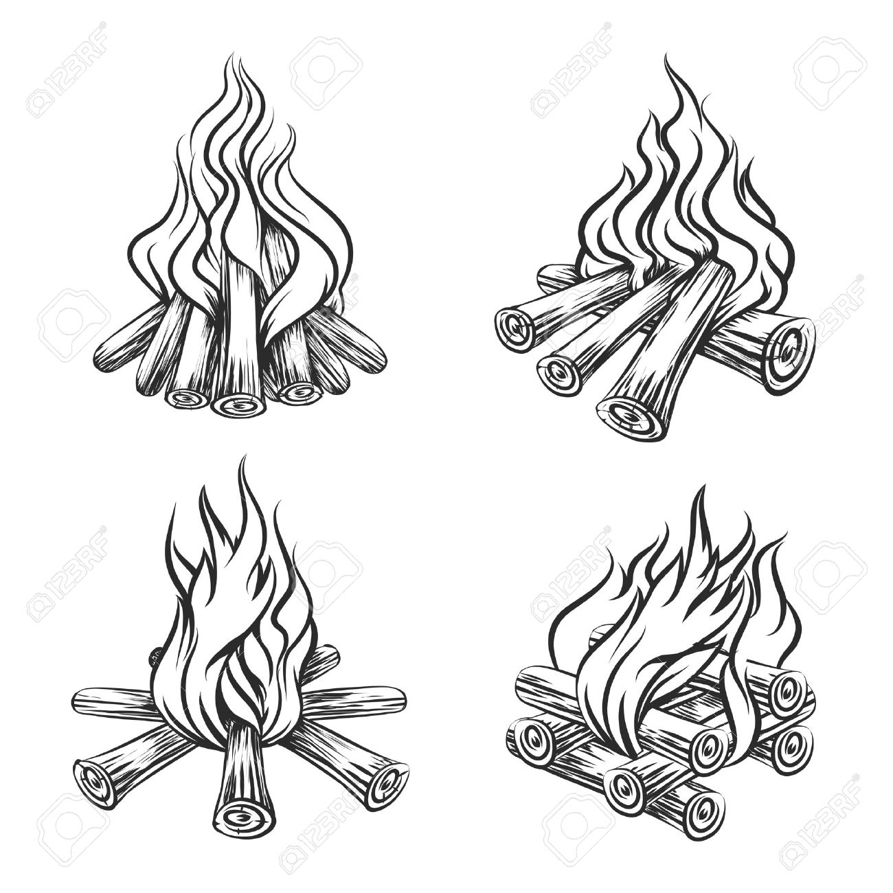 1300x1300 Hand Drawn Vector Bonfire Set. Flame And Burn, Firewood Energy