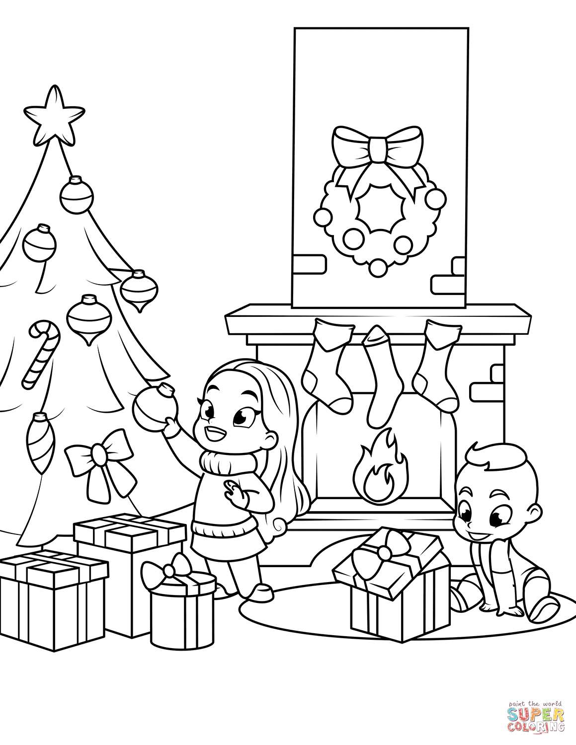 1159x1500 Kids Near The Fireplace And Christmas Tree Coloring Page Free