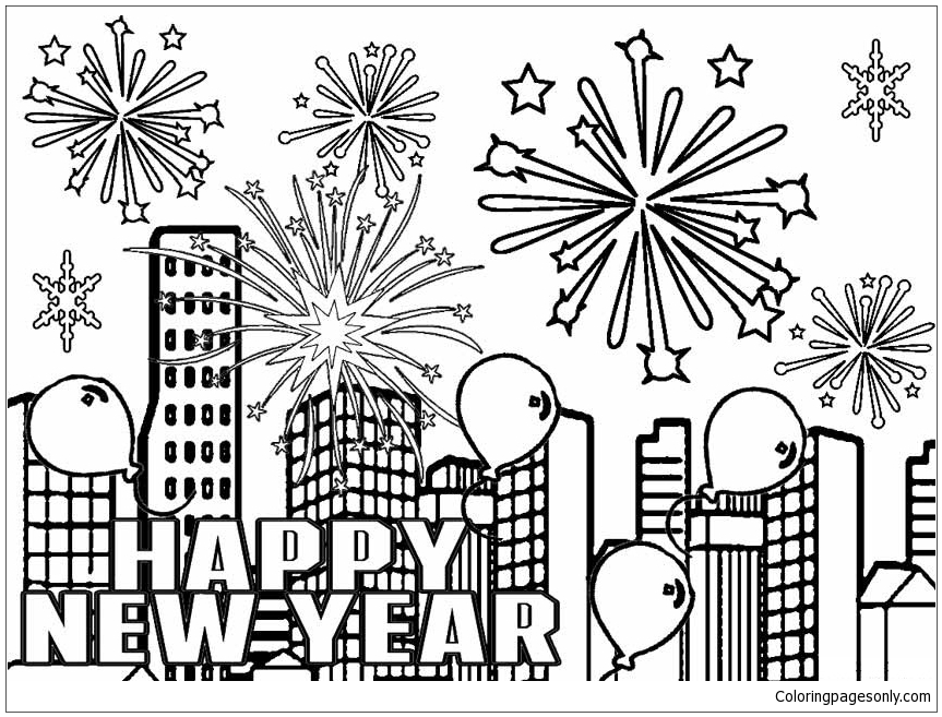 863x657 Fireworks And Balloons In The City Into The New Year Coloring Page