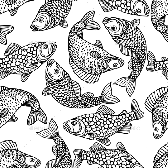 590x590 Seamless Pattern With Decorative Fish Hand Illustration, Vector