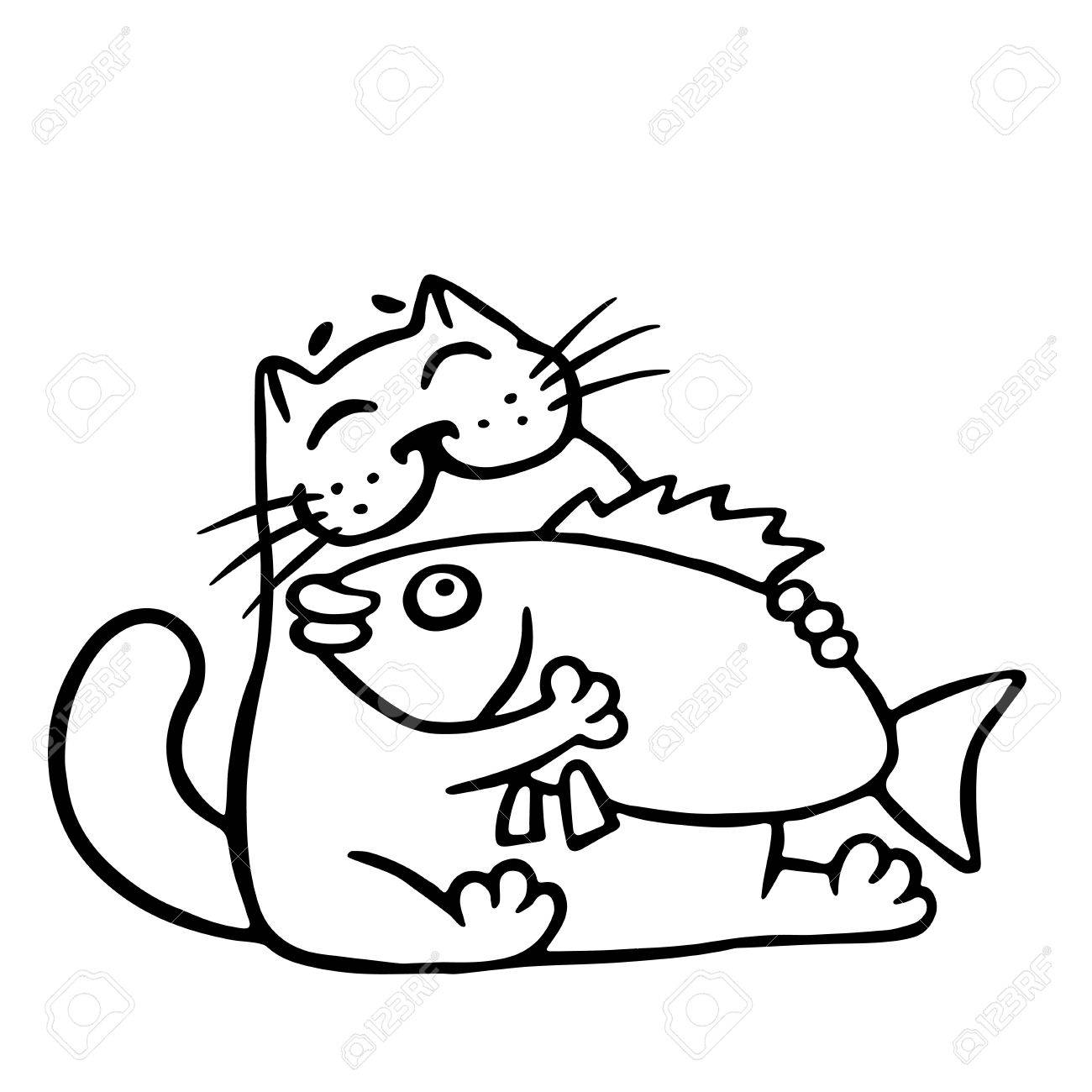 1300x1300 Cat Hugging Big Fish. Cartoon Cool Character. Contour Freehand