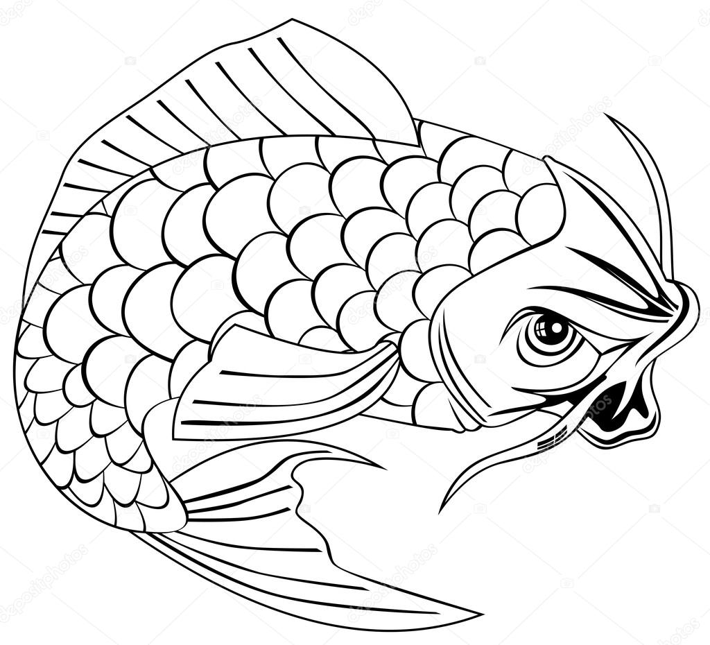 1024x930 Koi Carp Fish Jumping Line Drawing Stock Vector Patrimonio