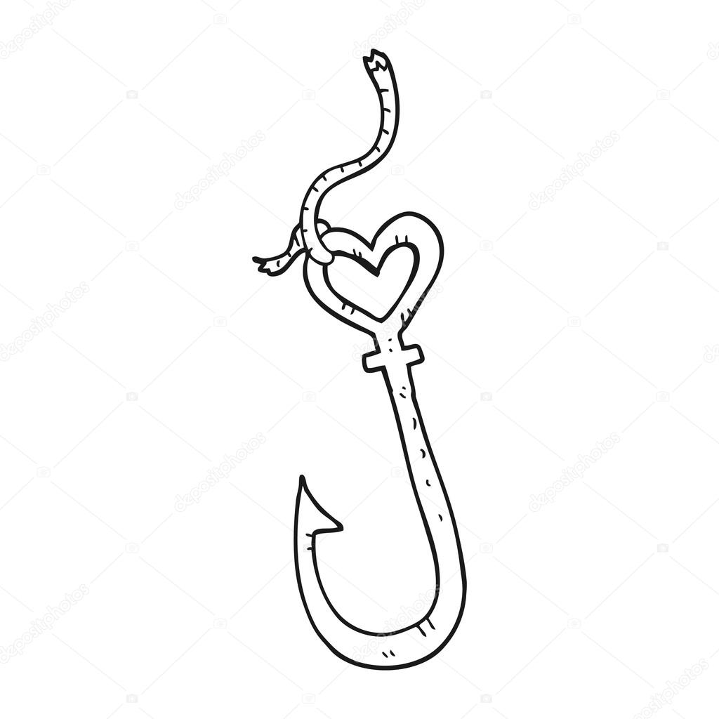 1024x1024 Black And White Cartoon Love Heart Fish Hook Stock Vector