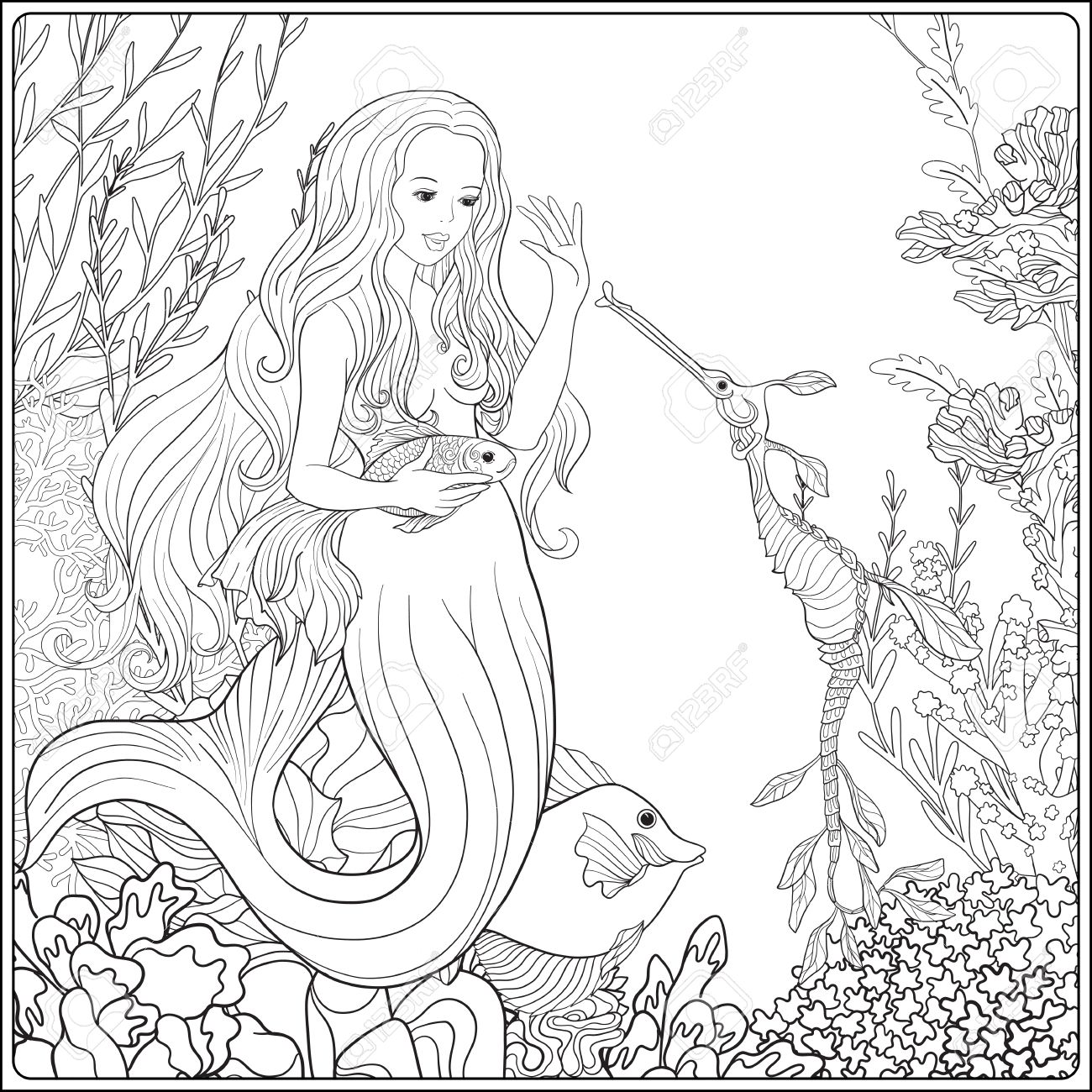 1300x1300 Hand Drawn Mermaid With Gold Fish In Underwater World. Linen