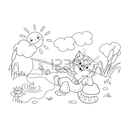 450x450 Coloring Page Outline Of A Funny Cat Catching A Fish On A Pond