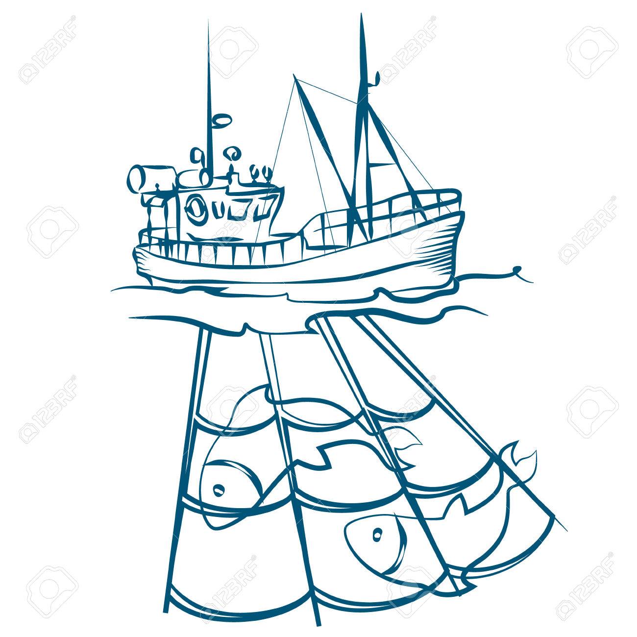 1300x1300 Fishing Boat With Nets And Fish Silhouette Royalty Free Cliparts