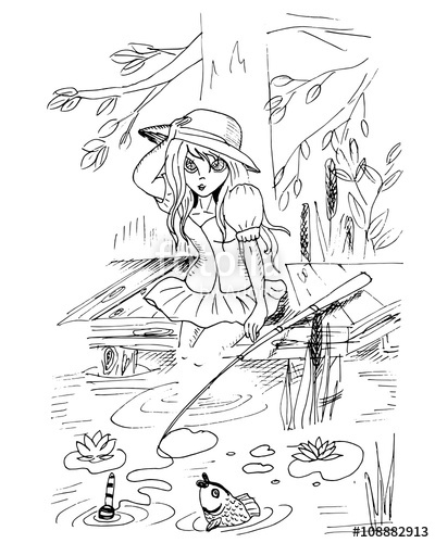 400x500 Sketch Ofnime Girl. Vector Illustration. Teen Girl Fishing In