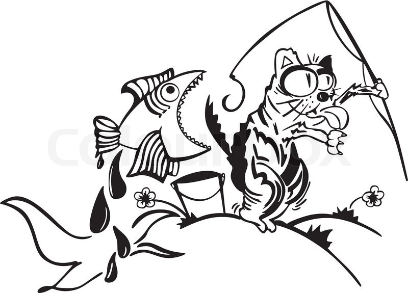 800x575 Cat Fishing. Cartoon Stock Vector Colourbox