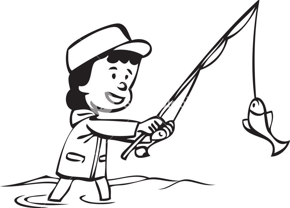 1000x718 Illustration Of A Girl With Fishing Pole And Fish. Royalty Free