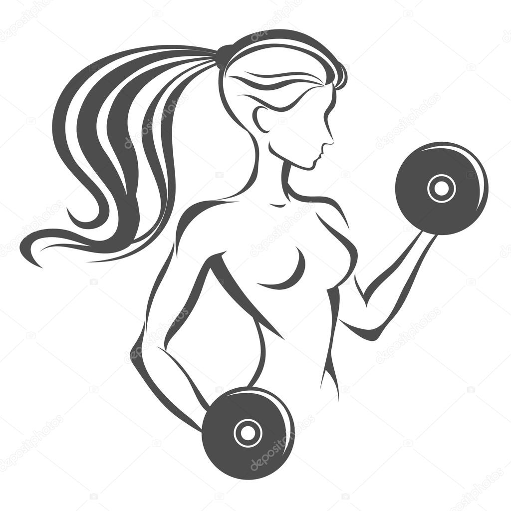 1024x1024 Sportfitness Label. Hand Drawn Girl With Dumbbells. Stock