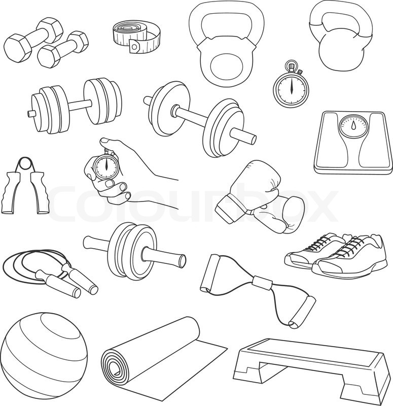 775x800 Hand Drawn Set Of Fitness Accessories. Dumbbells, Exercise Ball