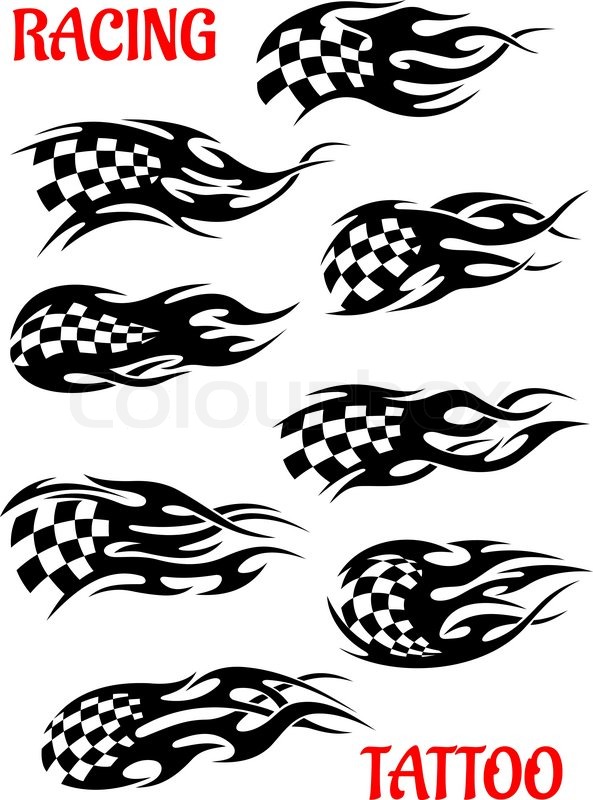 593x800 Set Of Motor Racing Vector Tattoos Of Black And White Checkered