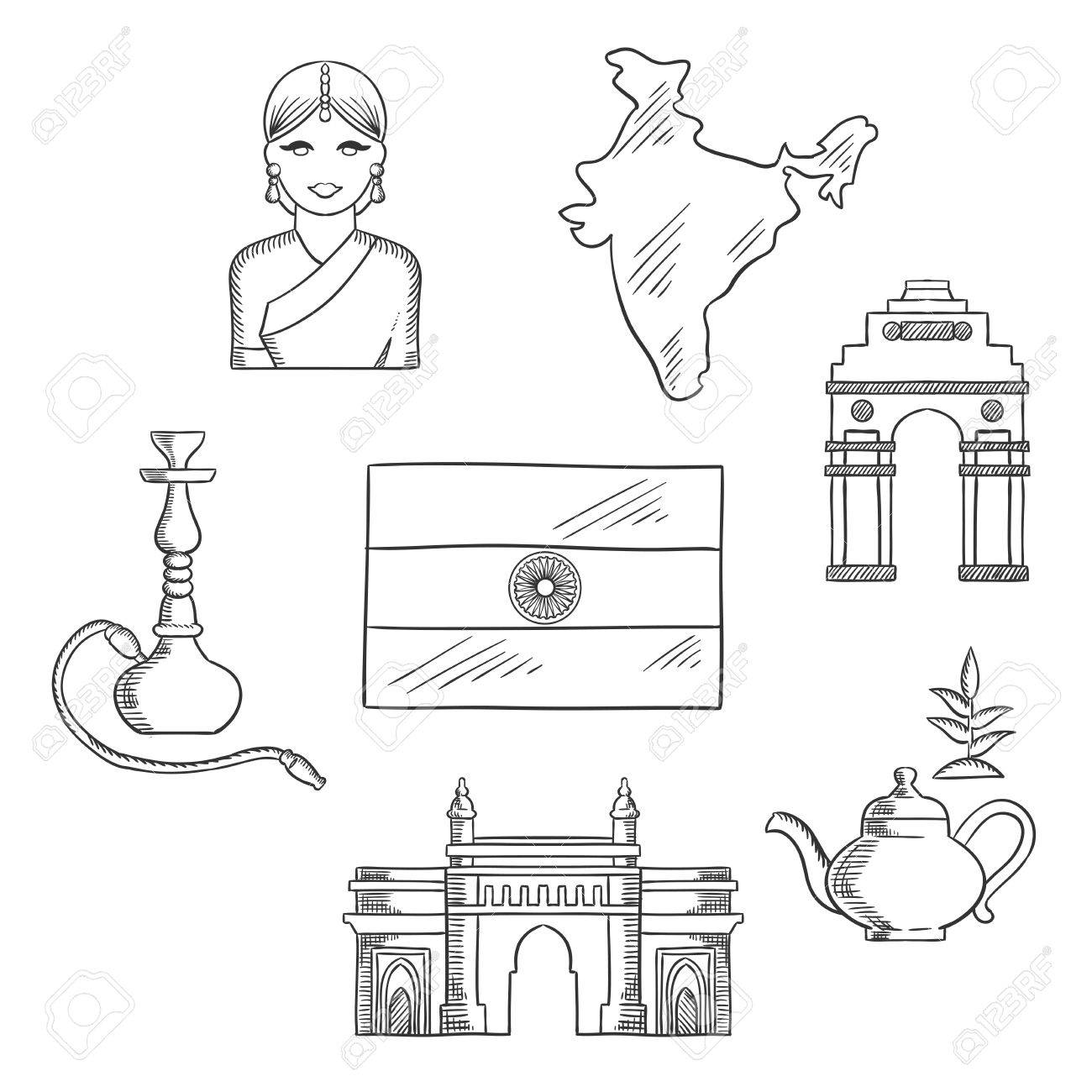 1300x1300 India Culture And Travel Concept With Sketched Icons Of Gate