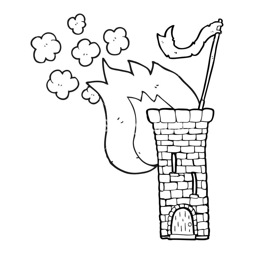 1000x1000 Freehand Drawn Black And White Cartoon Old Castle Tower Waving