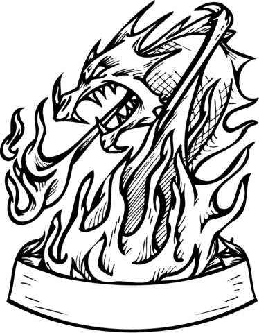 374x480 Dragon In Flames With Banner Coloring Page Free Printable