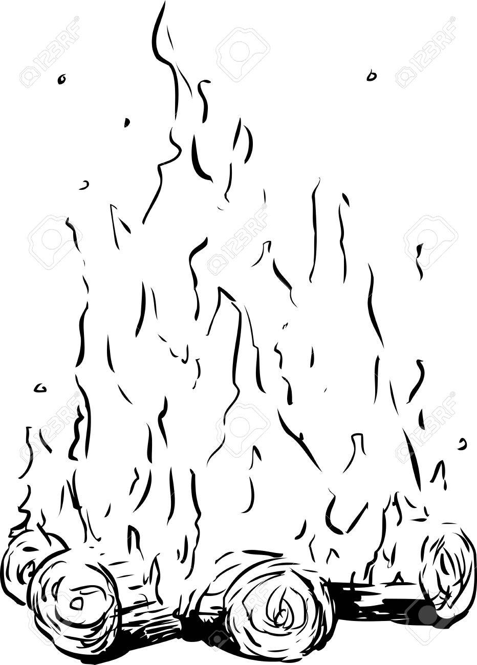 932x1300 Outline Sketch Of Tall Flames On Bonfire Or Campfire Over White