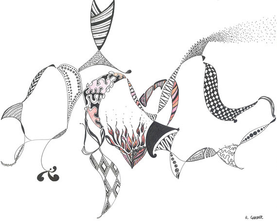 570x456 Flaming Heart Digital Print Of Original Black Ink Pen Drawing