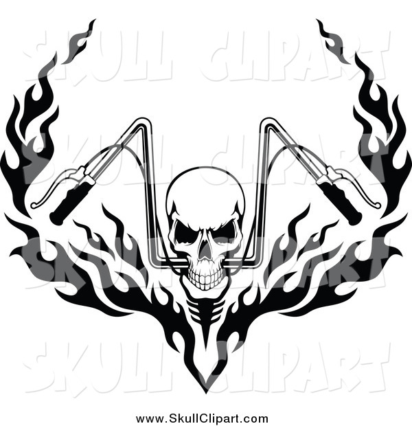 600x620 Vector Clip Art Of A Black And White Skull And Flaming Motorcycle