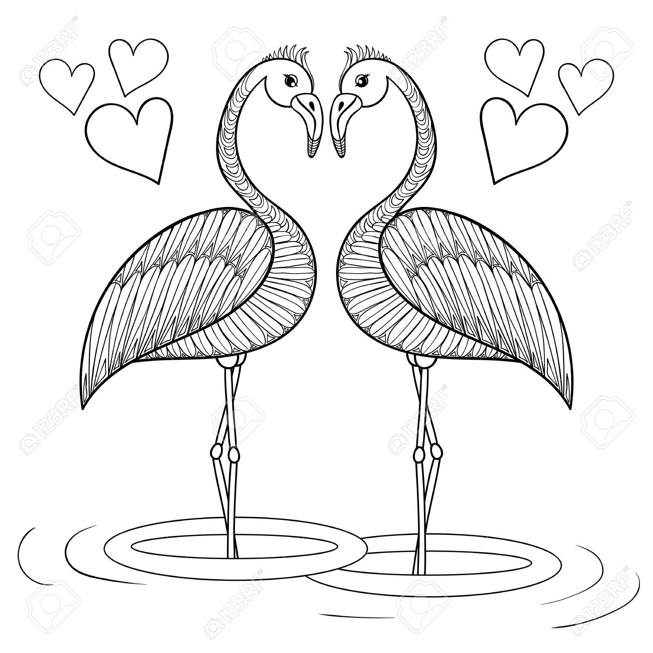 1300x1300 Coloring Page With Flamingo Birds In Love, Zentangle Hand Drawing