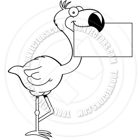 460x460 Cartoon Flamingo With A Sign (Black And White Line Art) By
