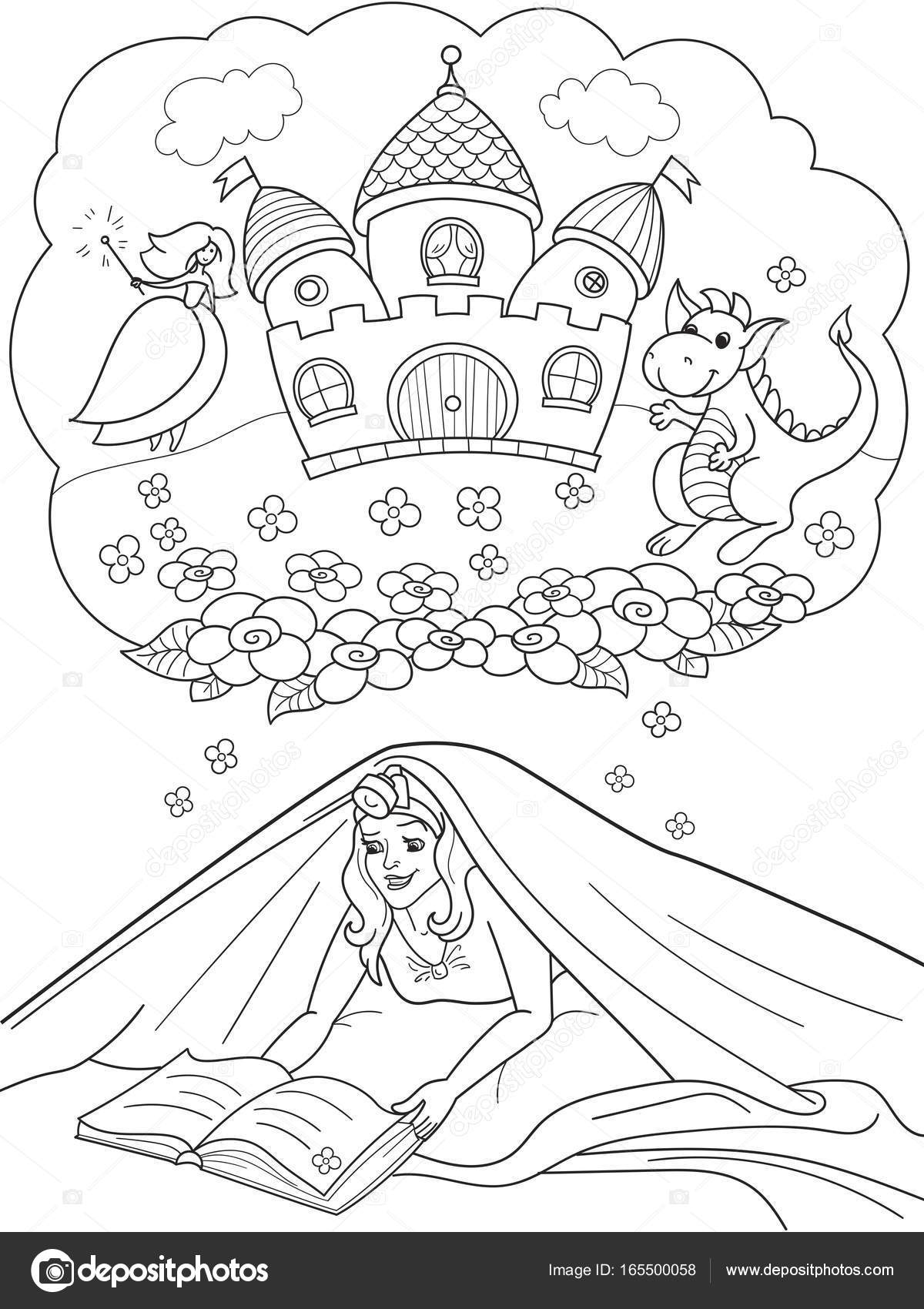 1200x1700 Girl Reading Book With Flashlight Under The Blanket On Bed Stock