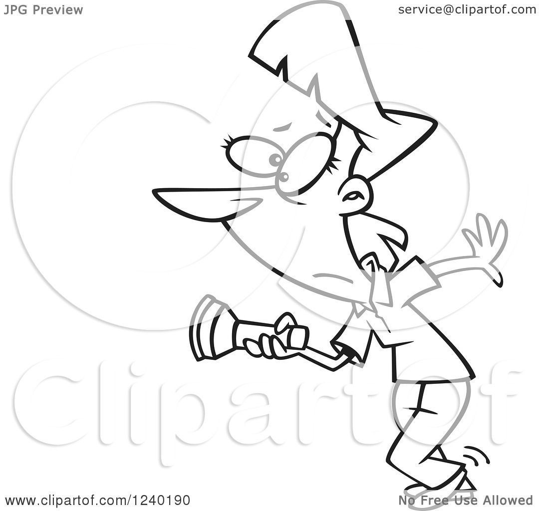 1080x1024 Clipart Of A Black And White Scared Woman Shining A Flashlight