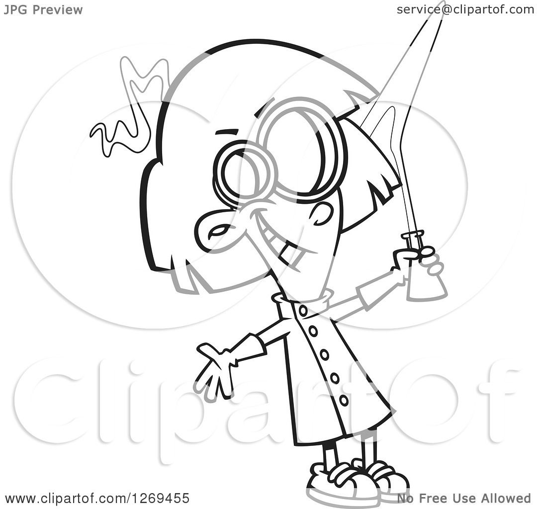 1080x1024 Clipart Of A Black And White Cartoon Mad Scientist Girl Holding Up