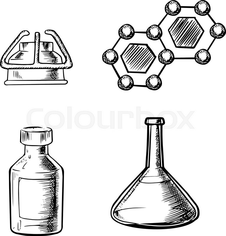 766x800 Laboratory Flask, Gas Burner, Bottle And Formula Of Molecule Icons