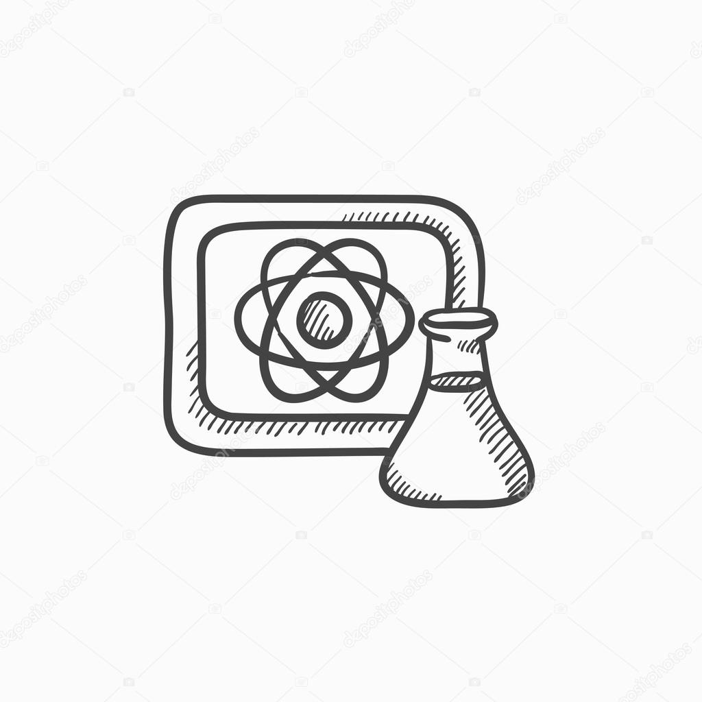 1024x1024 Atom Sign Drawn On Board And Flask Sketch Icon. Stock Vector
