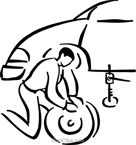 450x480 Man Fixing A Flat Tire Royalty Free Vector Clip Art Illustration