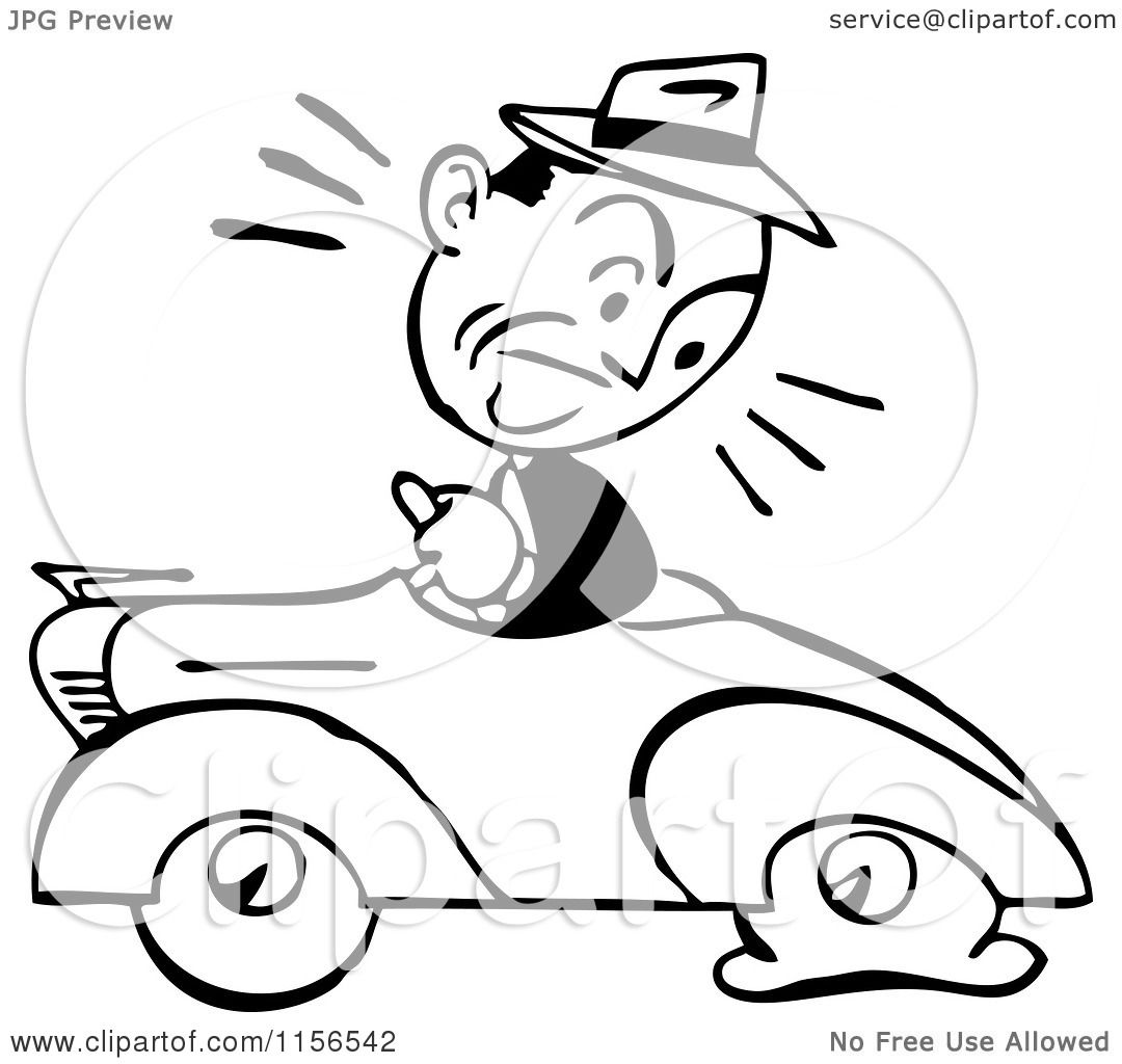 1080x1024 Clipart Of A Black And White Retro Man Driving A Car With A Flat