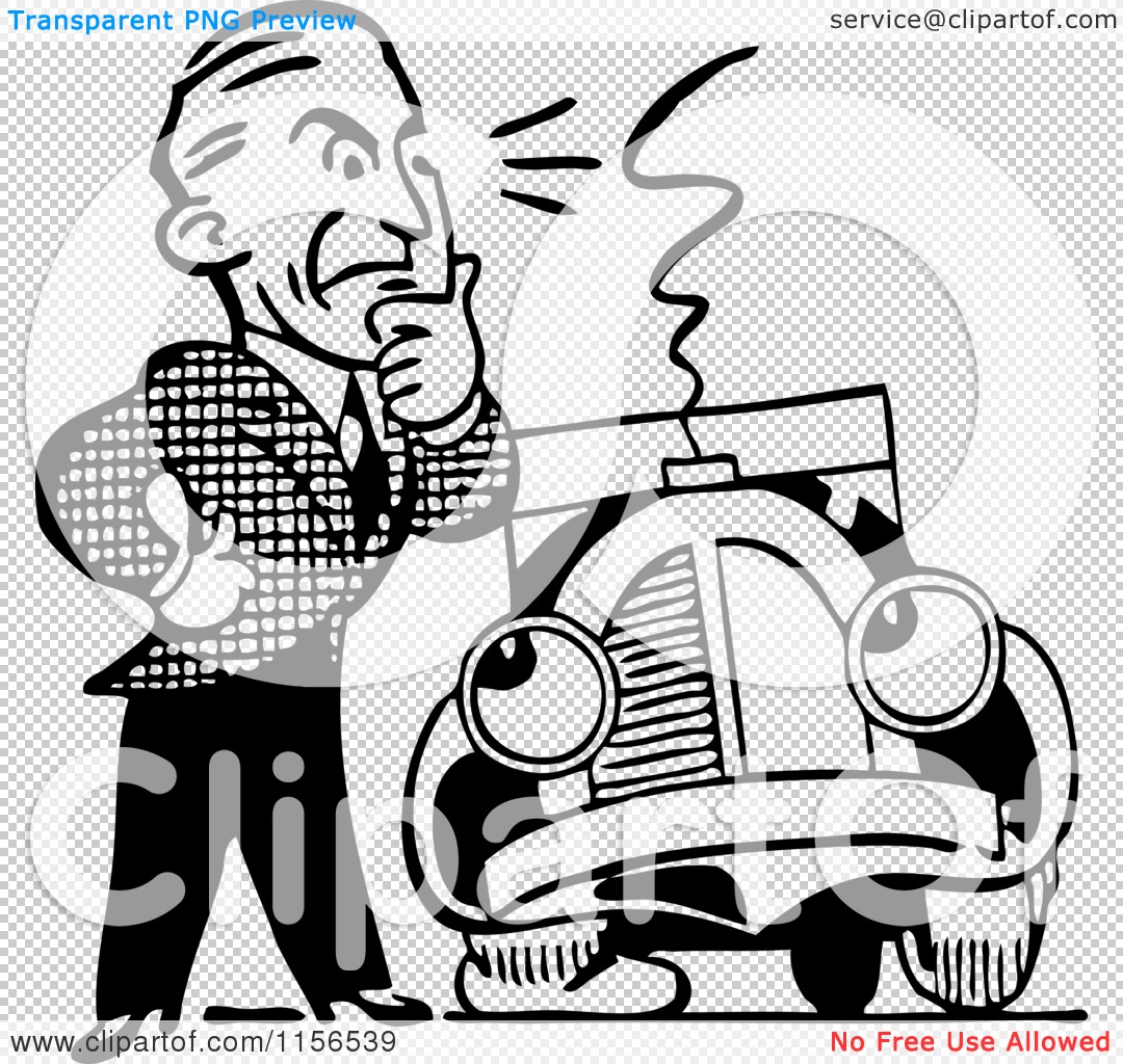 1080x1024 Clipart Of A Black And White Retro Man And Car With A Flat Tire