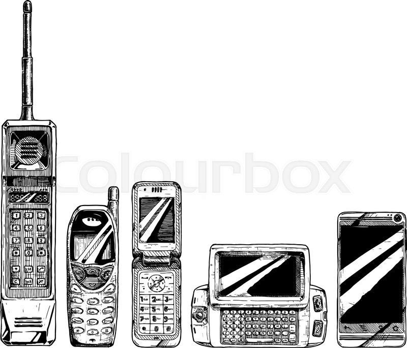 800x684 Mobile Phone Evolution Set. Vector Illustration In Ink Hand Drawn