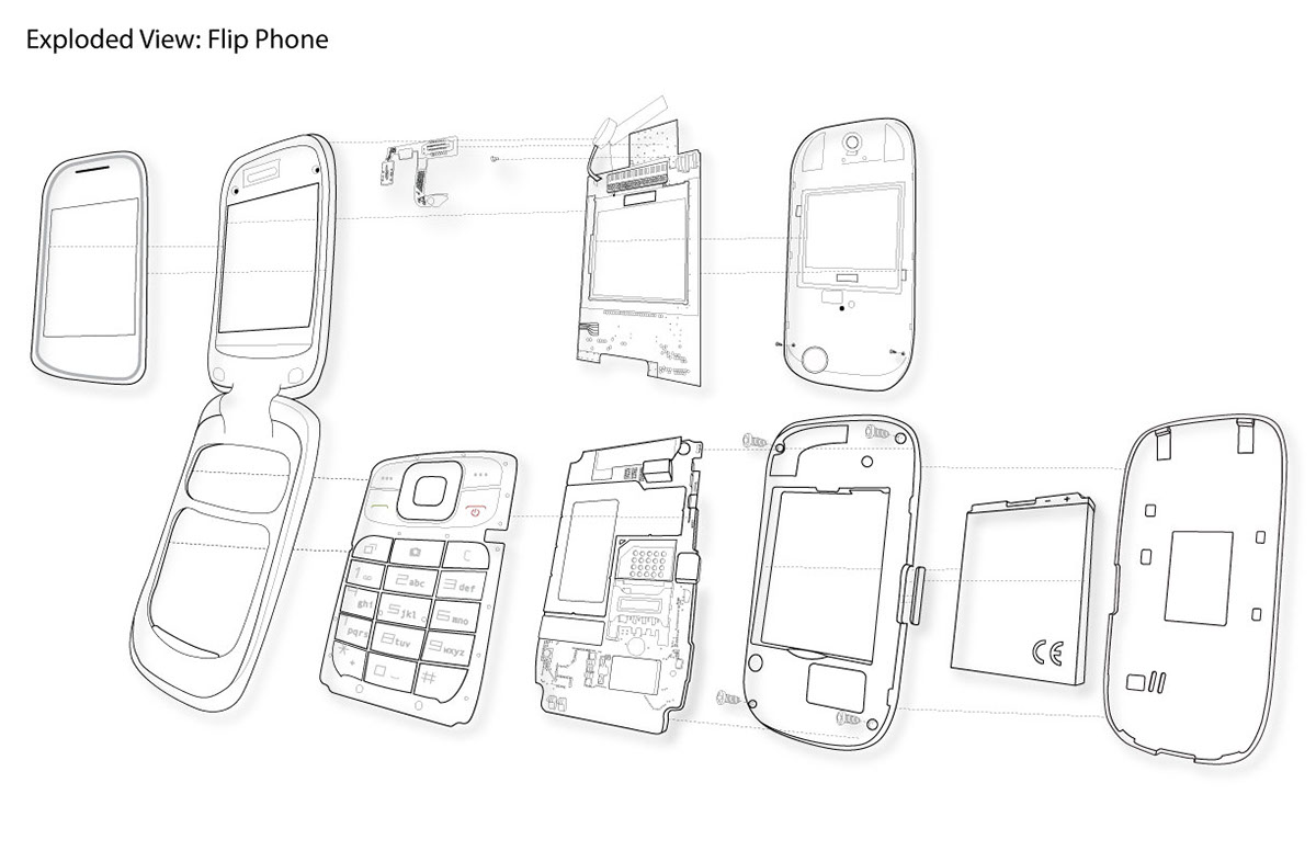 1200x776 Flip Phone Exploded View Drawing On Behance