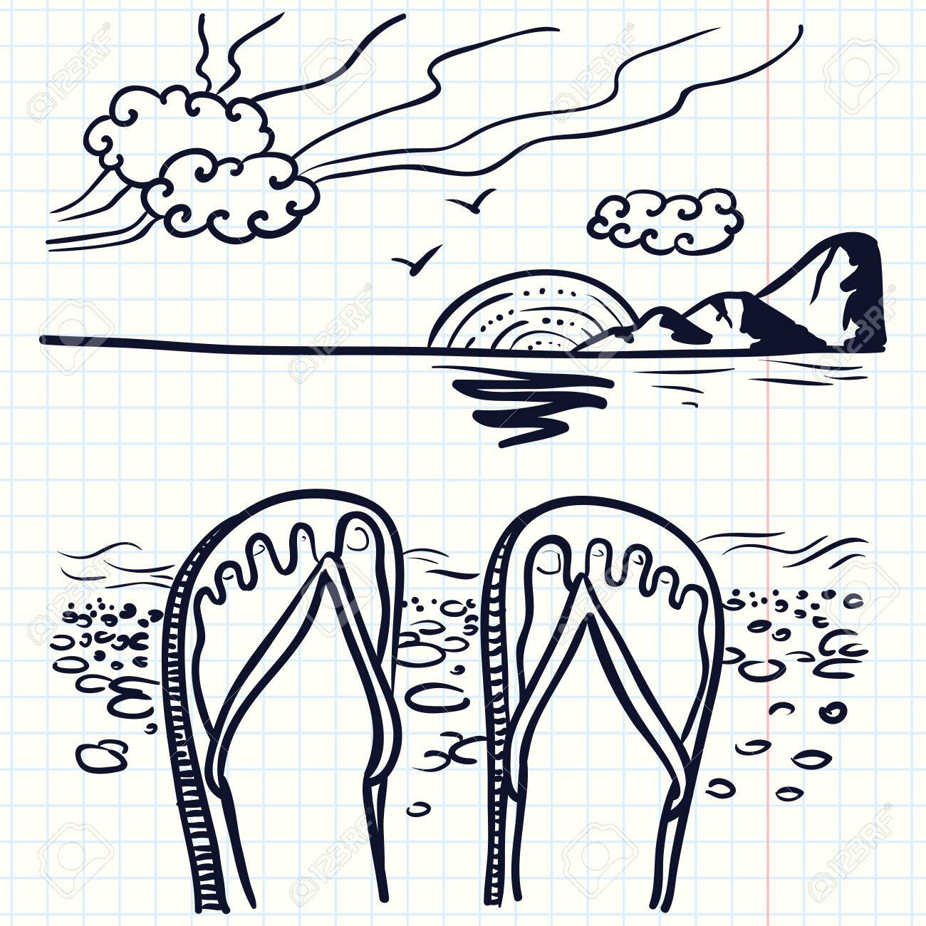 1300x1300 Hand Drawn Doodle Illustration With Flip Flop On The Beach Royalty