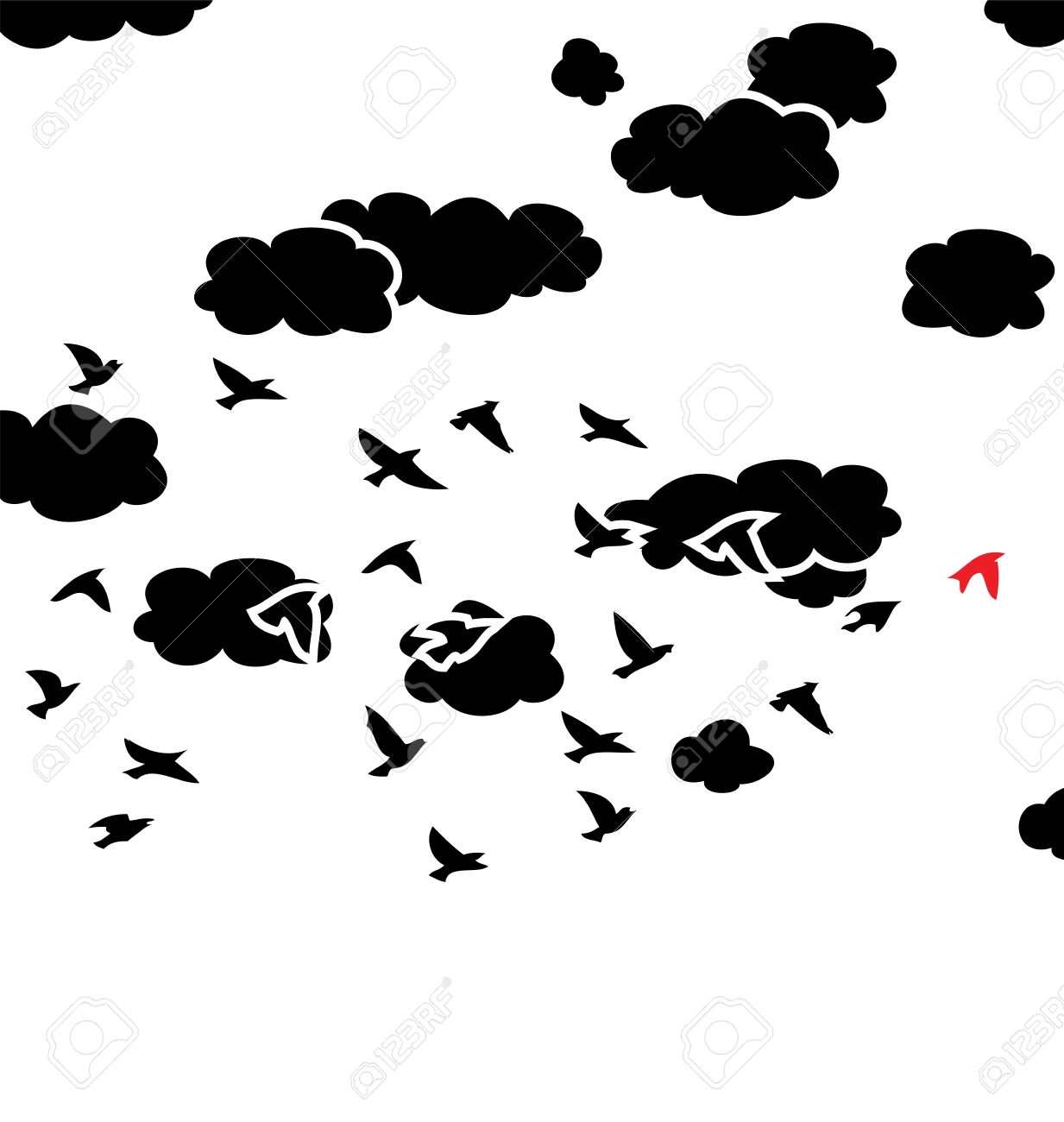 1233x1300 Vector Black And White Drawing Of Flock Of Flying Birds And Clouds