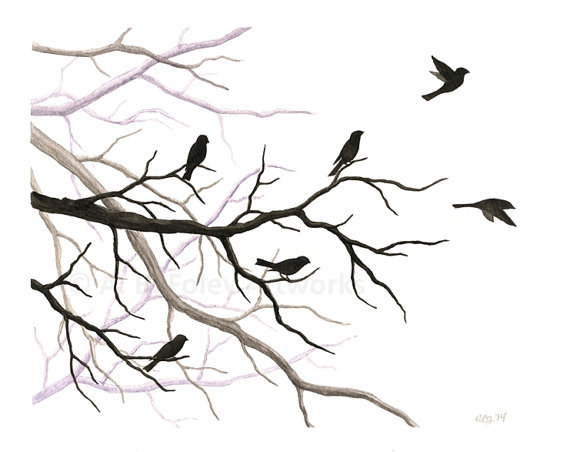 570x452 Bird Silhouette Art Original Flock Of Birds In A Tree