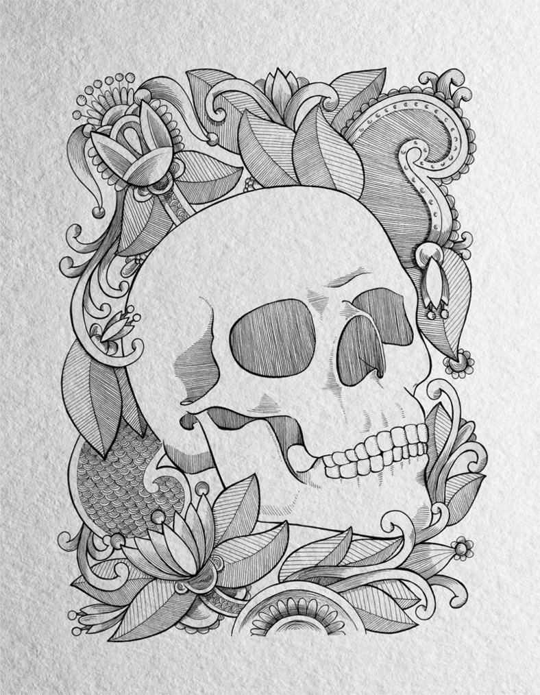 788x1014 Skull And Floral Drawing By Doncarlossalinas