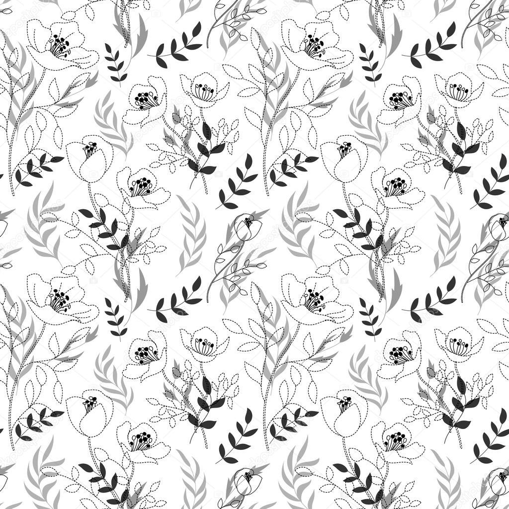 1024x1024 Black And White Pattern Poppies, Cute Seamless Background