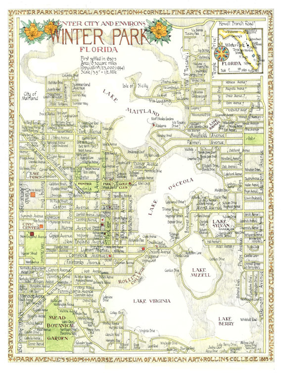 570x760 Winter Park Florida Map In Two Sizes Print From Original