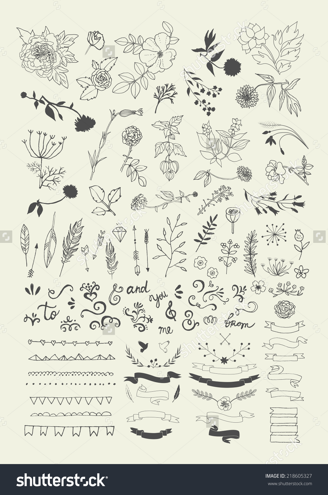 1059x1600 Hand Drawn Vintage Floral Elements. Swirls, Laurels, Frames