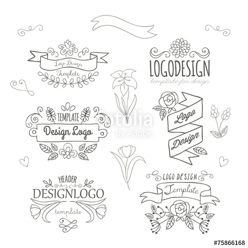 500x500 Set Of Logo Design Hand Drawing Elements With Flowers And Banner
