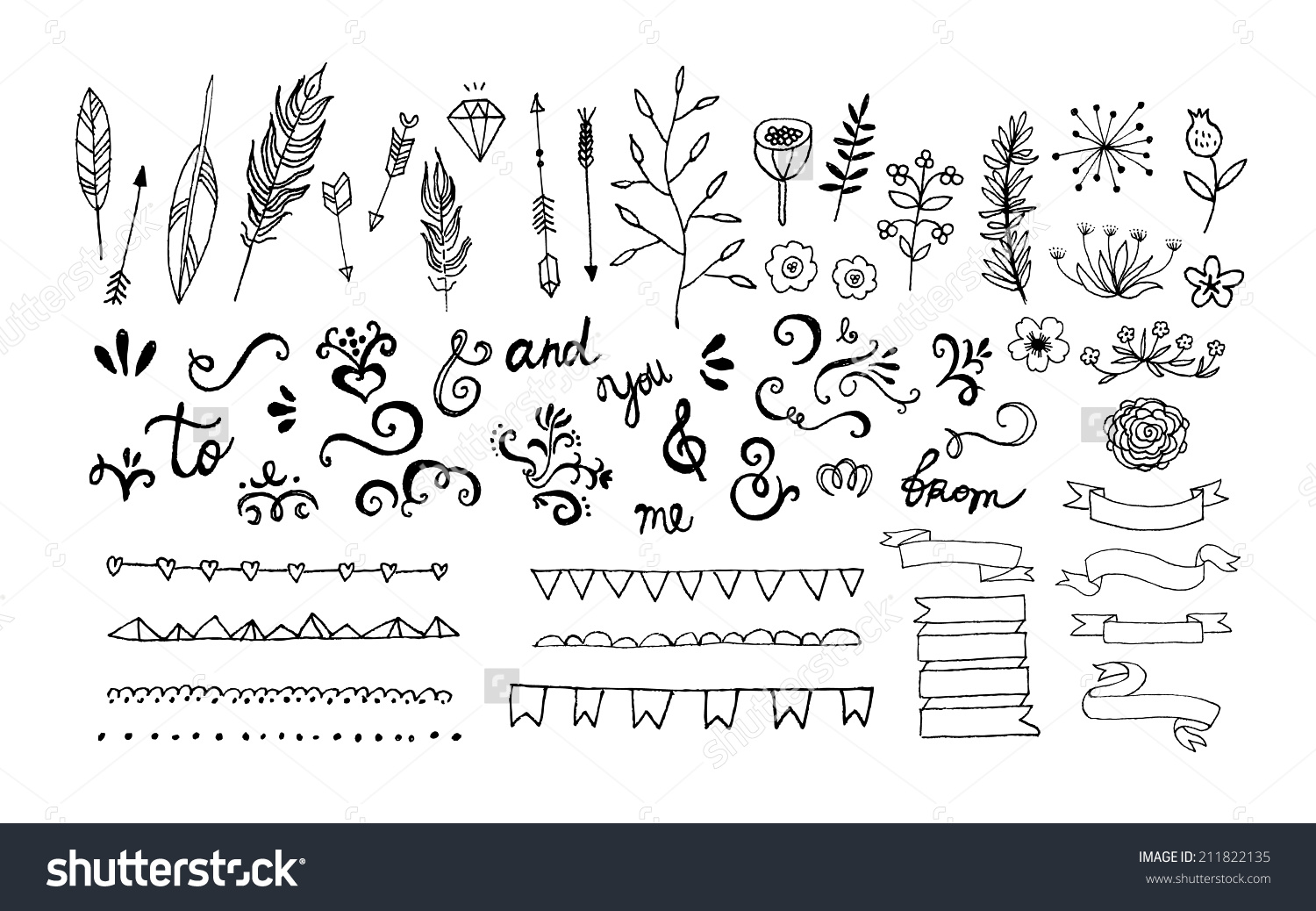 1500x1038 Stock Vector Hand Drawn Vintage Floral Elements Swirls Arrows