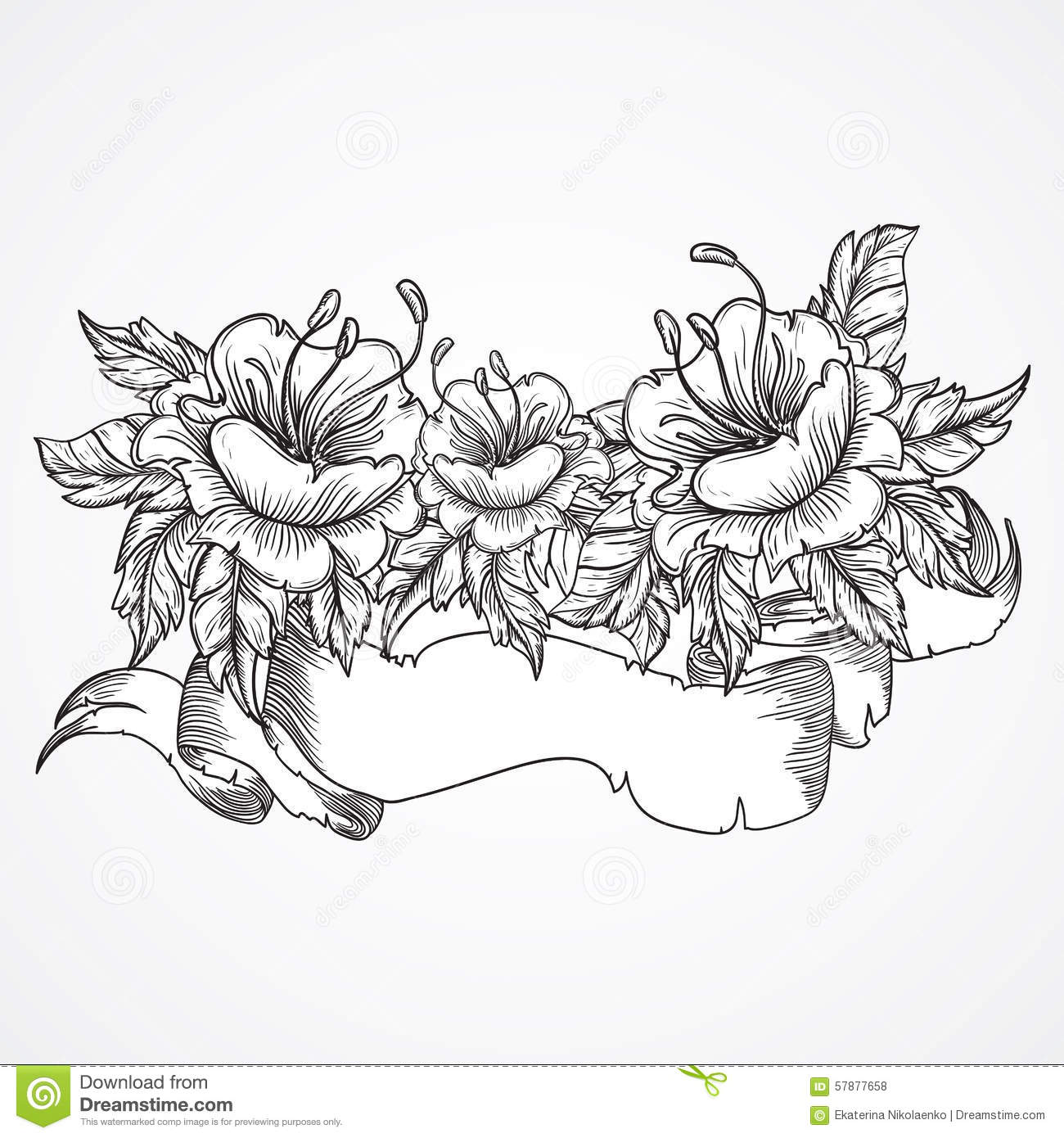 1300x1390 Vintage Floral Highly Detailed Hand Drawn Bouquet Flowers Ribbon